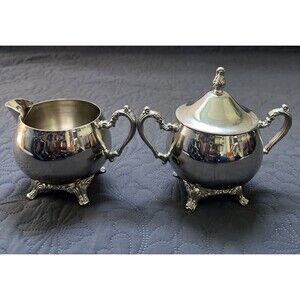 Vintage Silverplate Footed Sugar Bowl With Lid And Creamer Set Made in Hong Kong